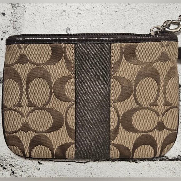 Coach Signature Stripe Small Wristlet Mahogany Khaki F51158 - Picture 4 of 5